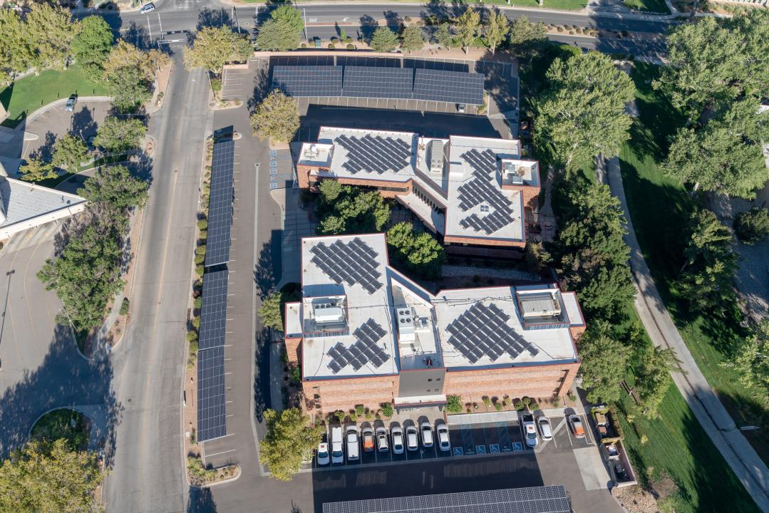 Hospital buildings with solar panels on the roof
