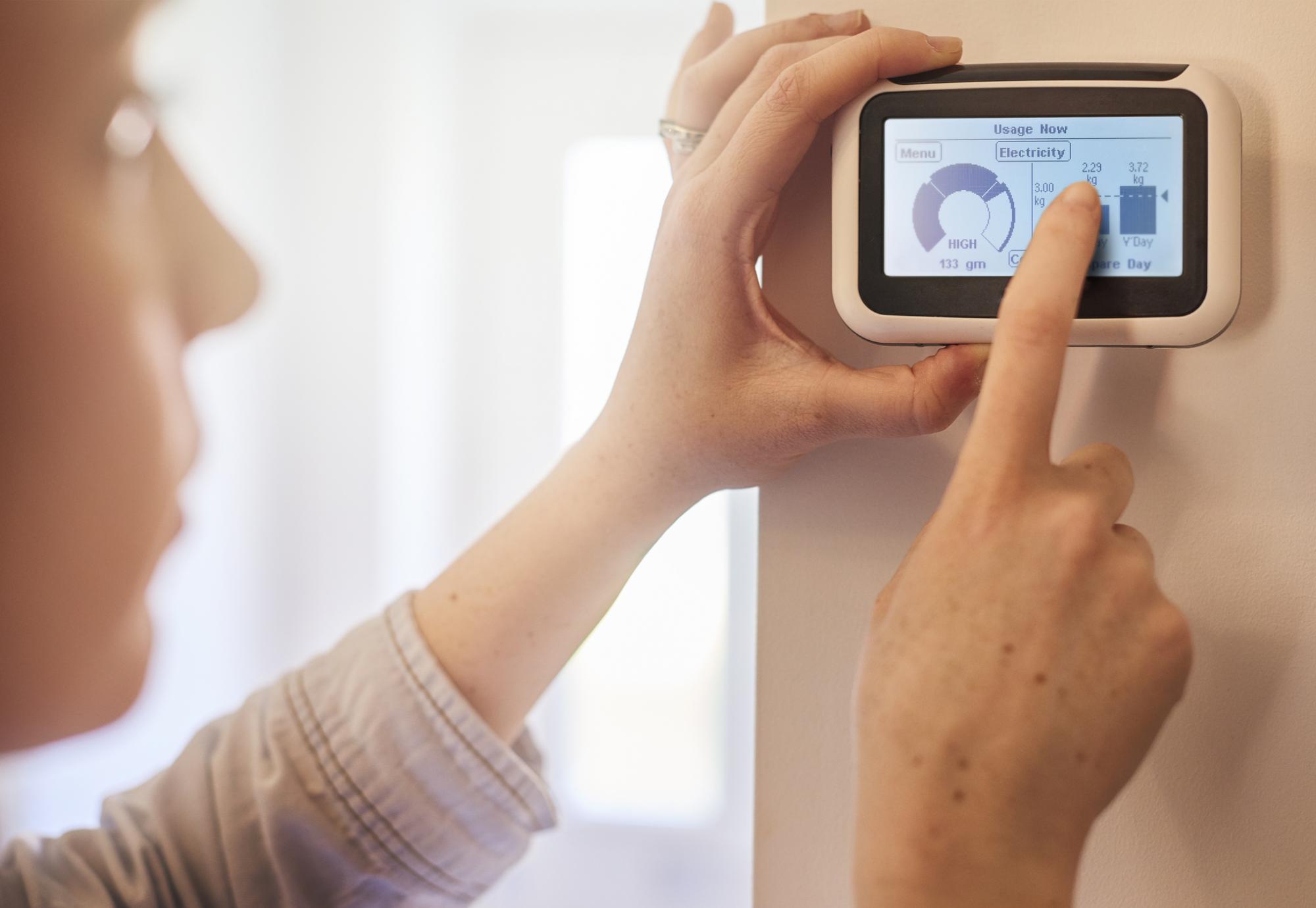 Woman checks smart meter in her home.