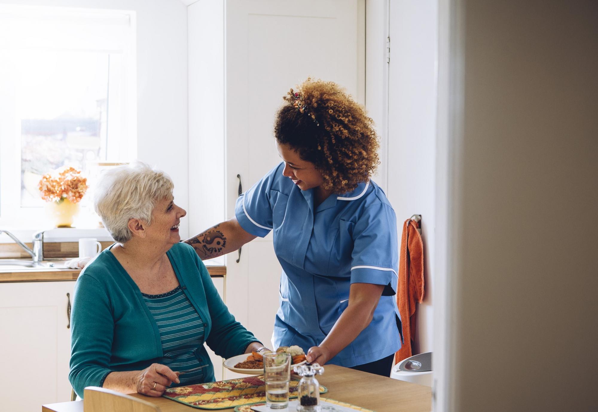 Social care professional supporting an elderly woman in her home