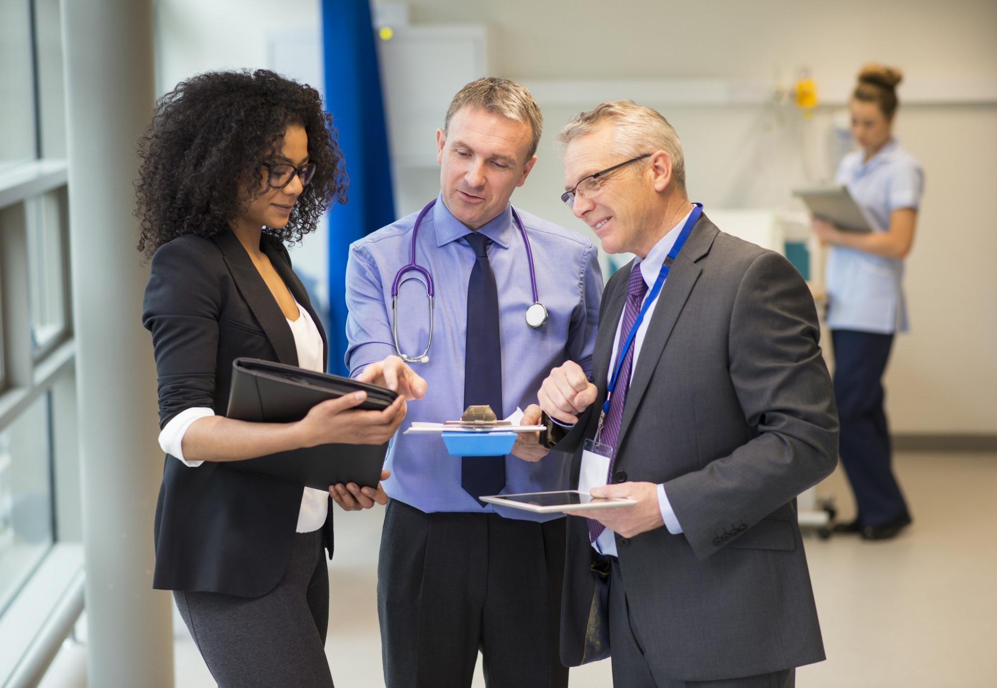 Hospital staff in discussions as a group