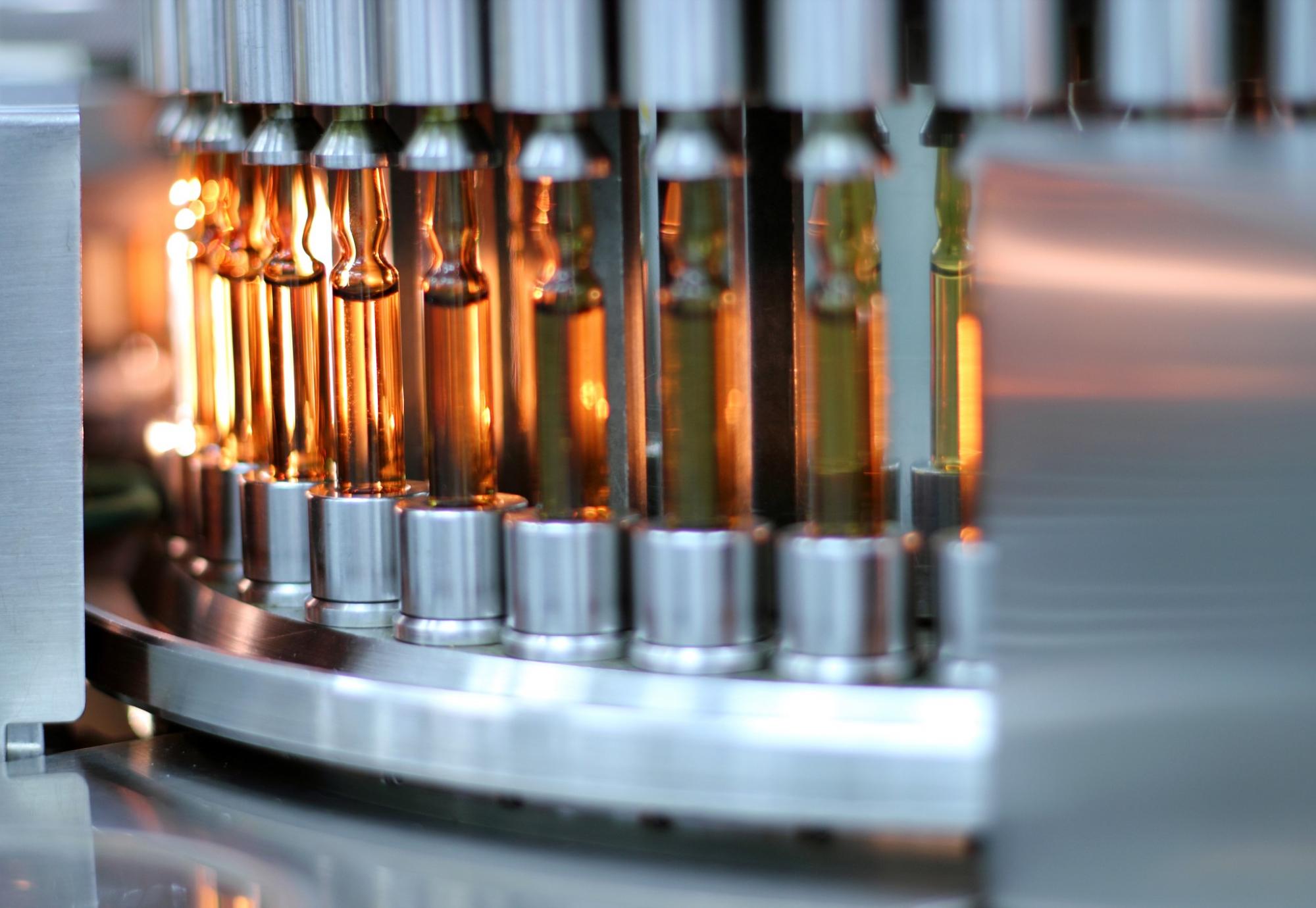 Medicine bottles on a production line