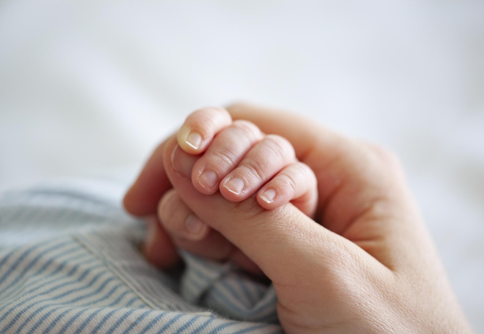 Mother holding a young baby's hand