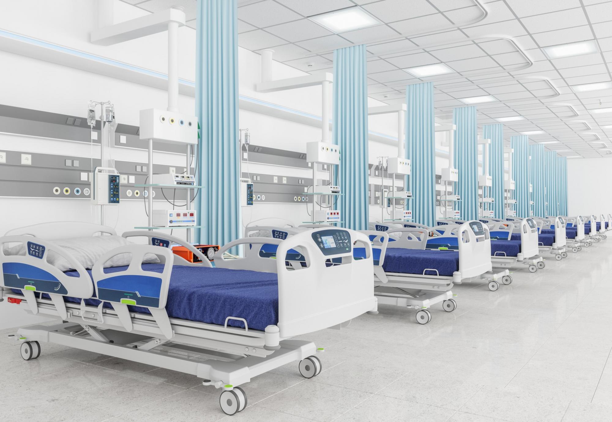 Hospital beds in a makeshift ward