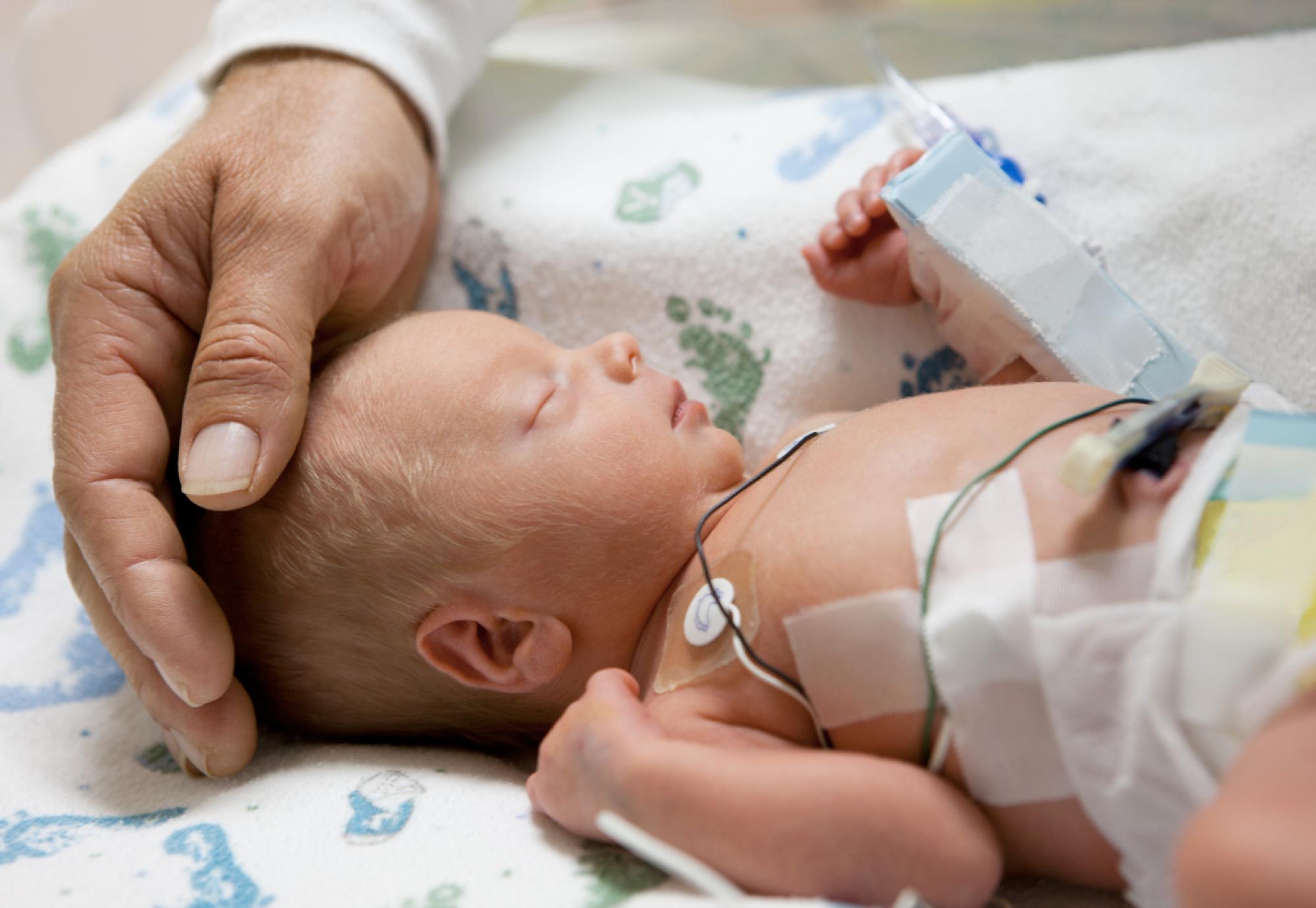 Father touching premature baby