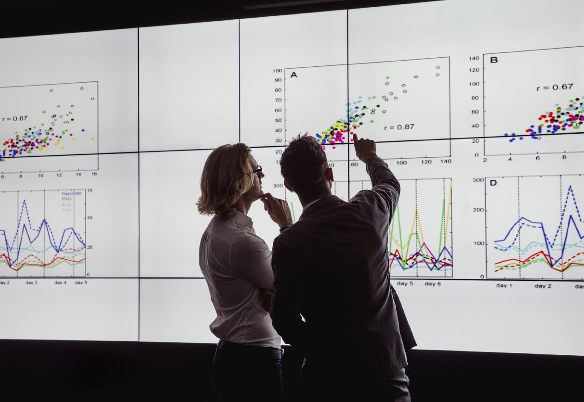 Men Viewing a Large Screen of Information