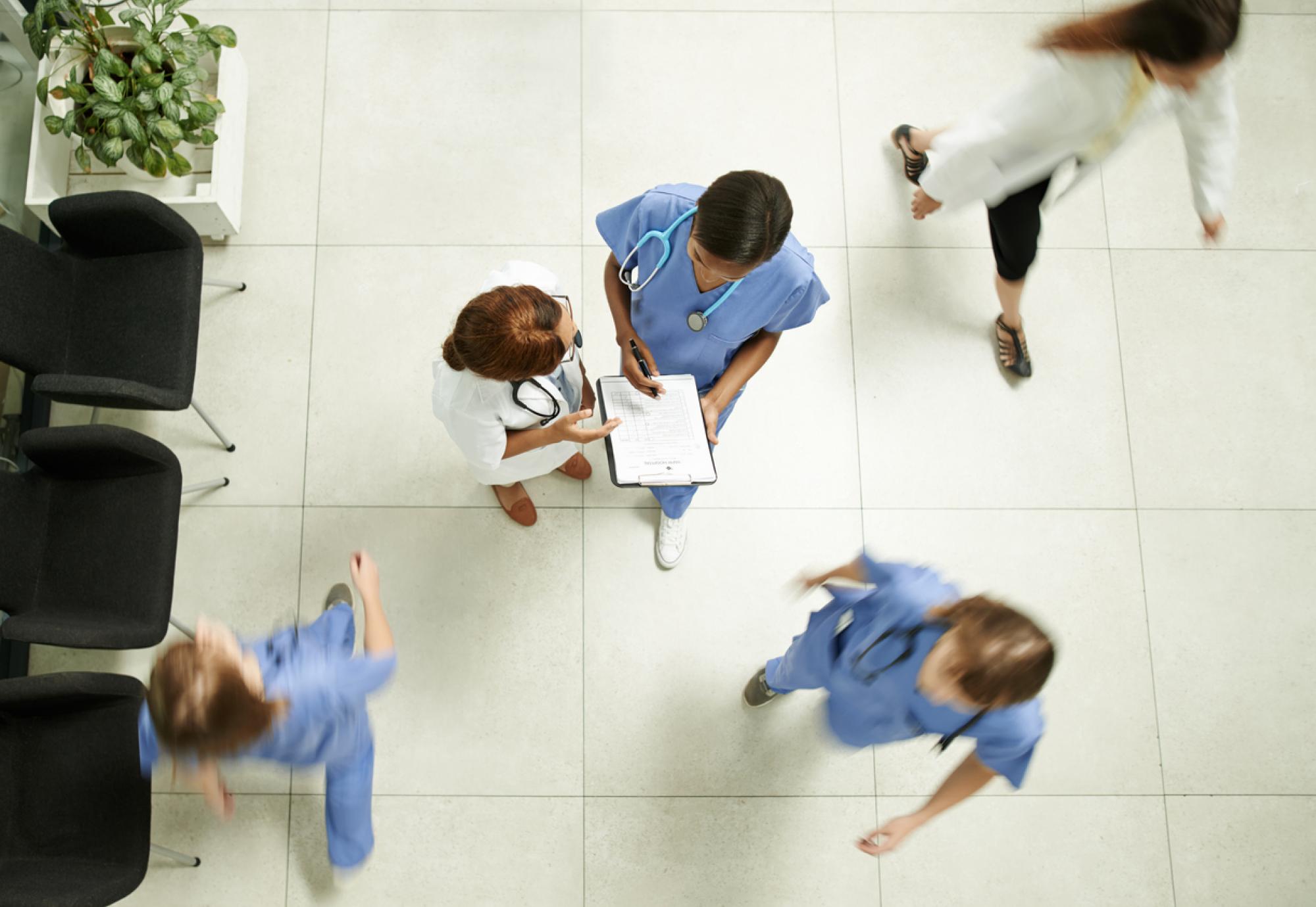 Overhead view of a busy hospital depicting the NHS Confederation's call for government funding