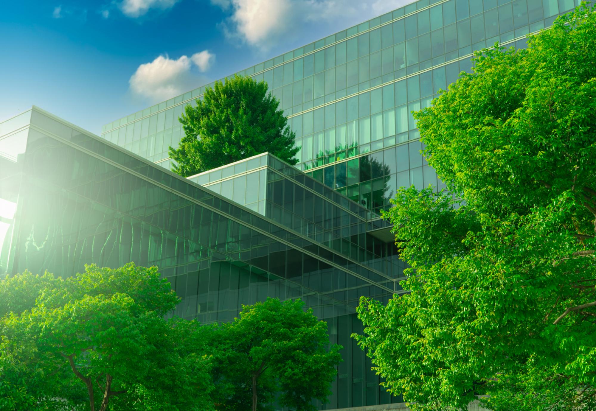 Modern building tinted green depicting NHS net zero