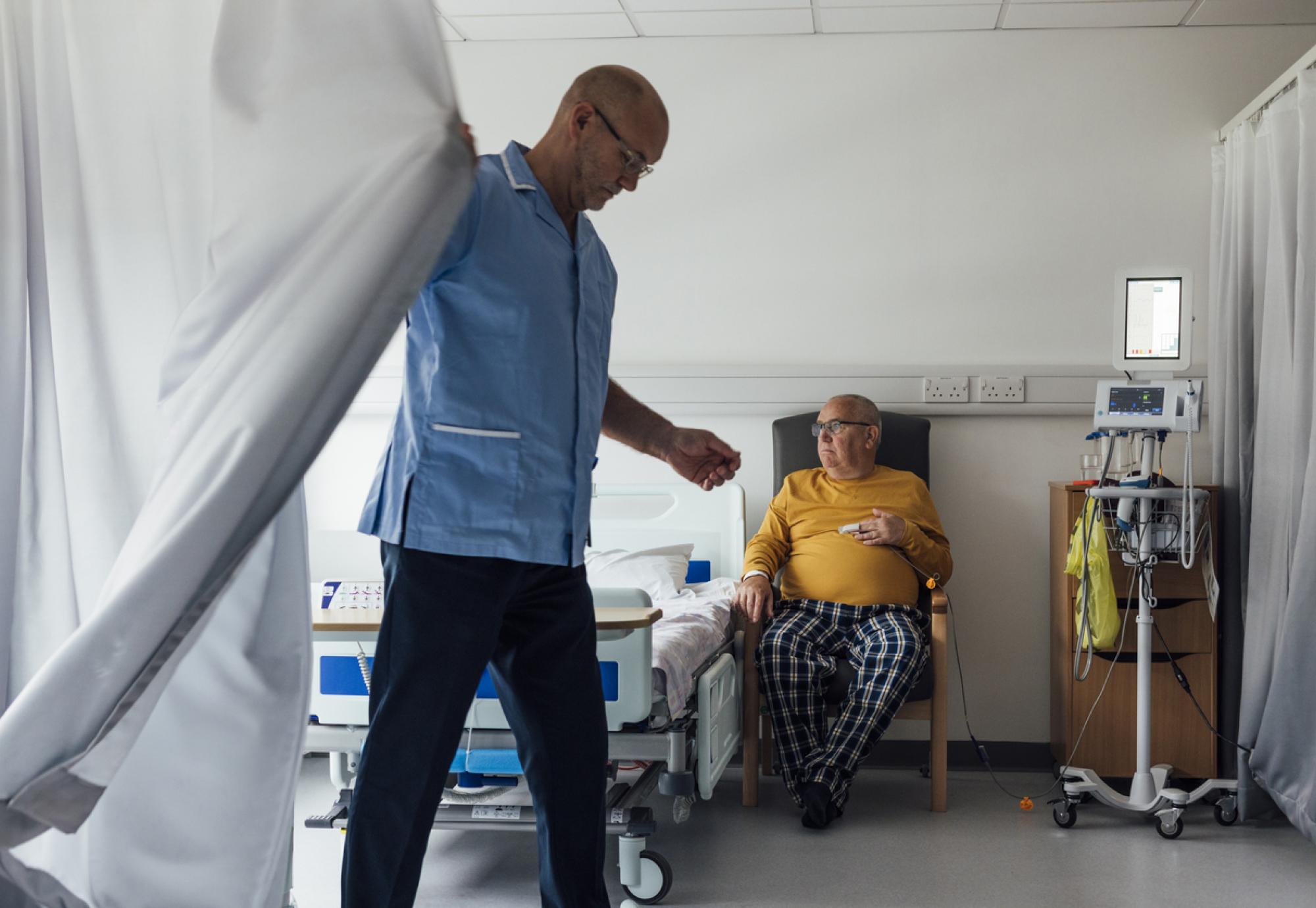 A senior male patient with cancer staying in a hospital in Newcastle upon Tyne, North East England