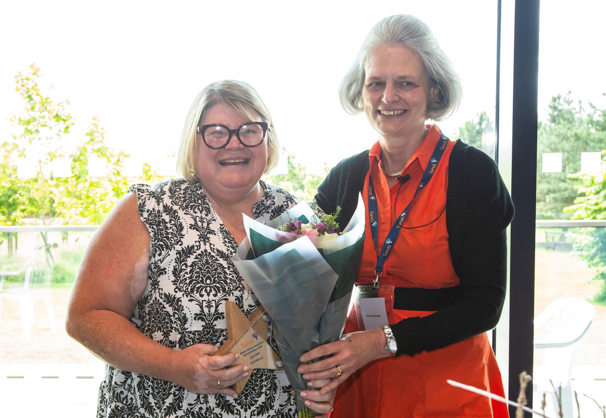 Julie Wills, the winner of the Elaine Thorp Award for Bereavement Care 2024 with Sands' CEO, Dr Clea Harmer