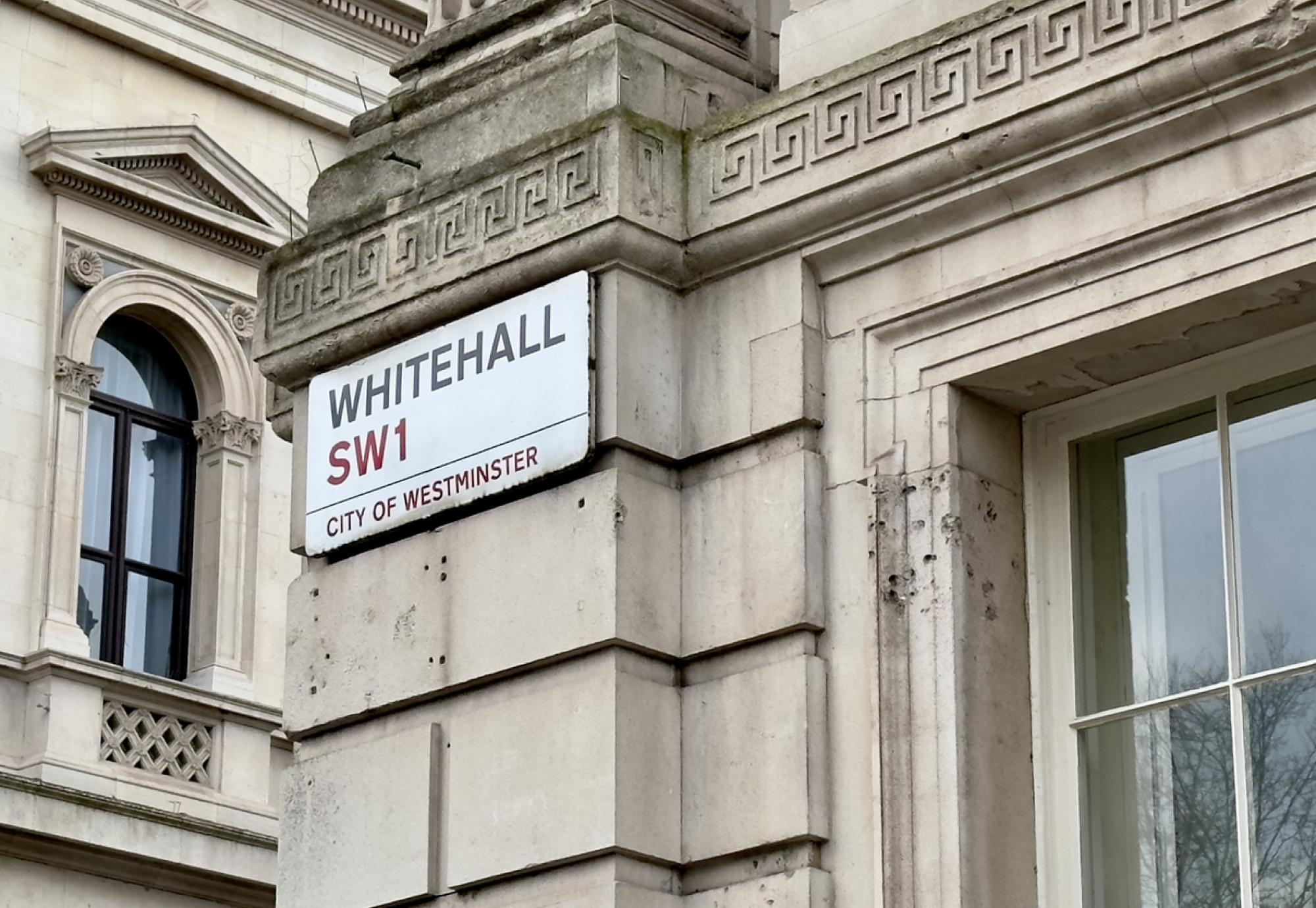 A view of the Whitehall street name sign on the wall