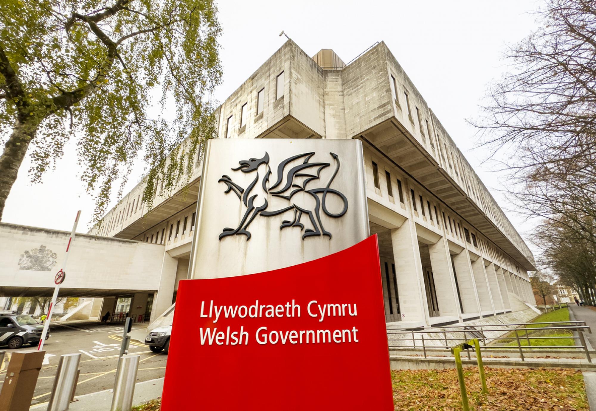 Sign outside the entrance to the Welsh Government