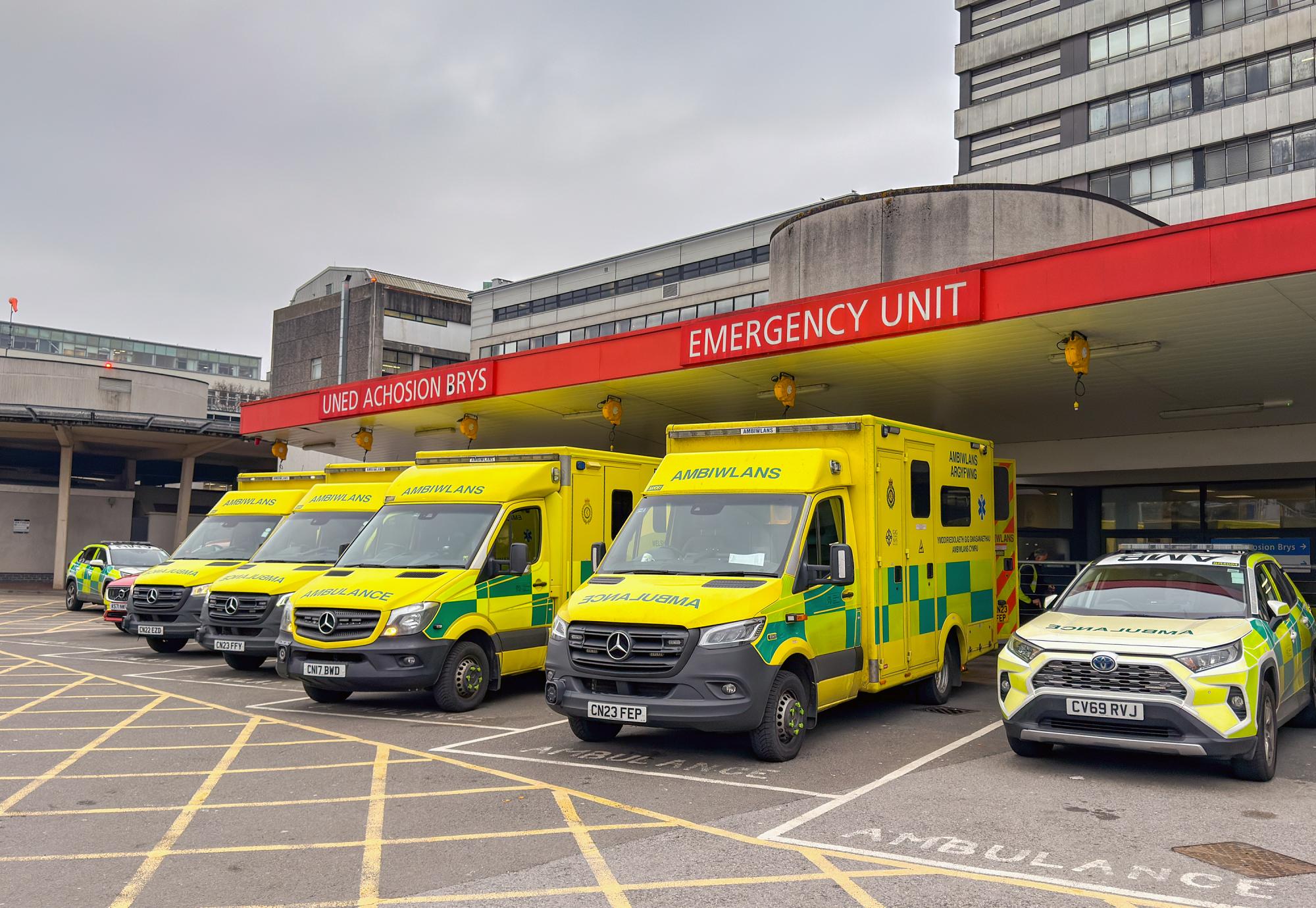 Ambulances outside a hospital in Wales