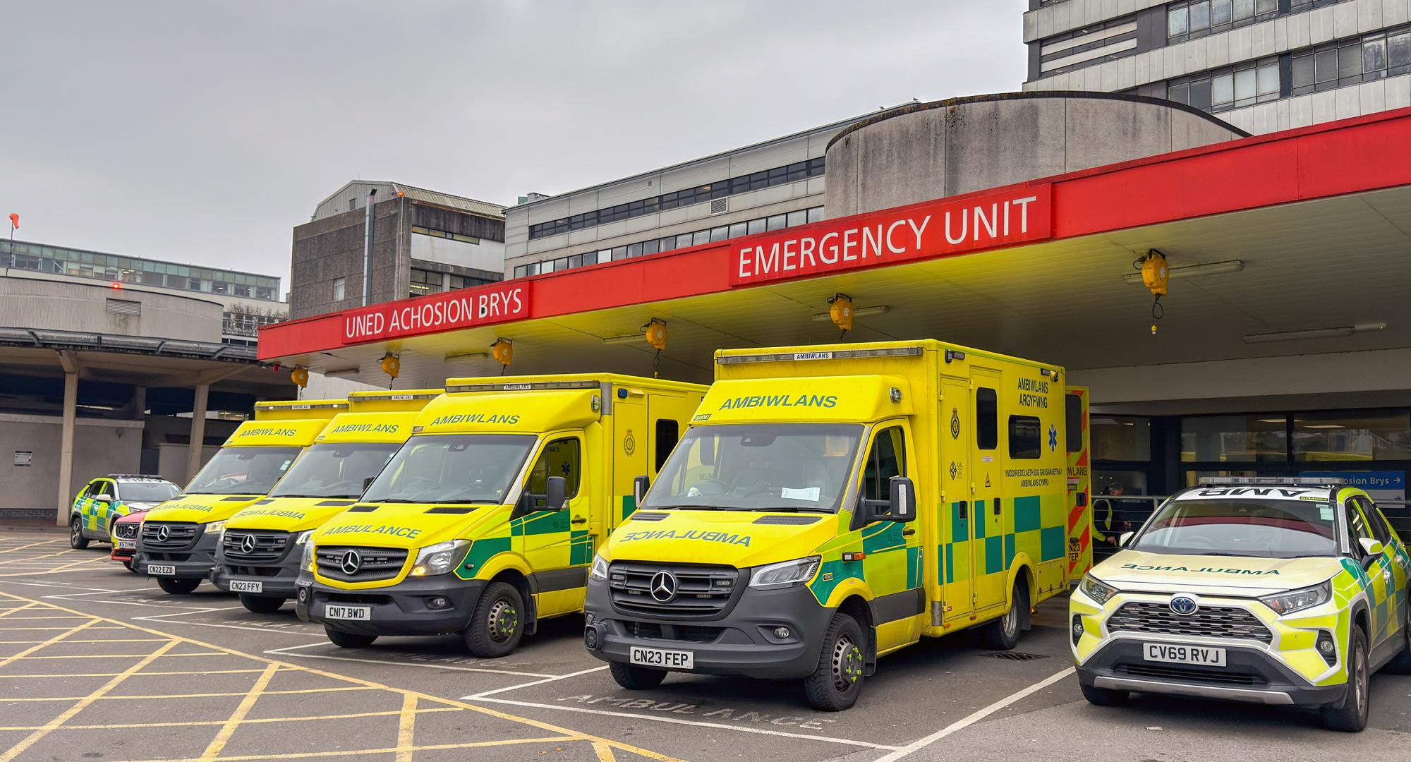 Ambulances outside a hospital in Wales