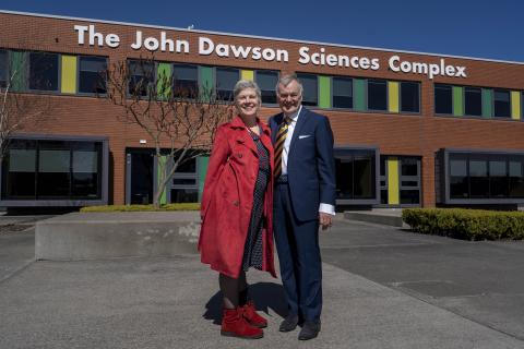 Sam and John Dawson in front of the University of Sunderland's Sciences Complex