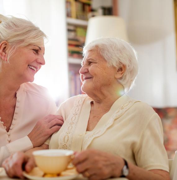 Woman supporting an elderly relative, in conversation