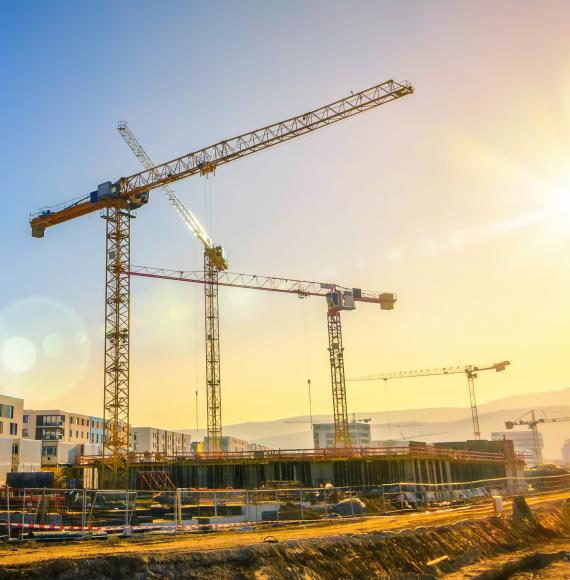 Cranes in operation above a construction site