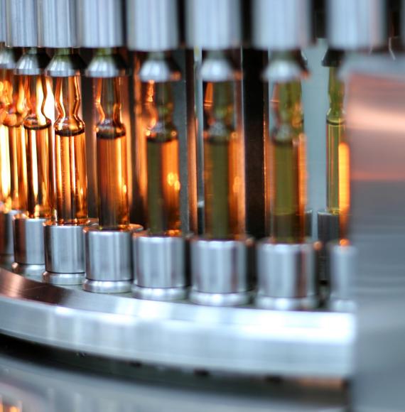 Medicine bottles on a production line