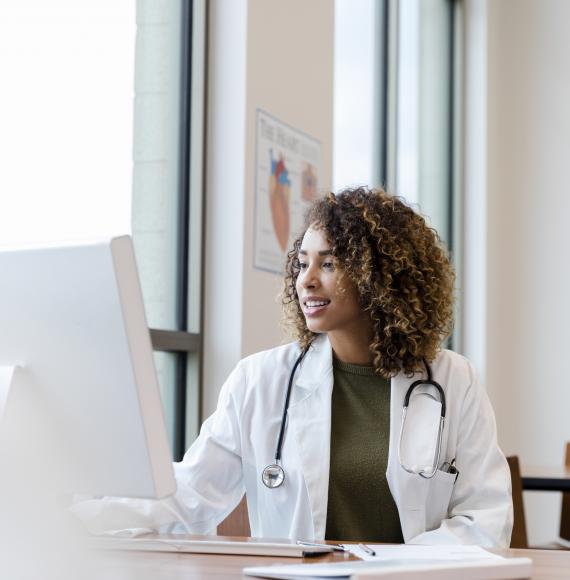 Doctor using a large desktop PC