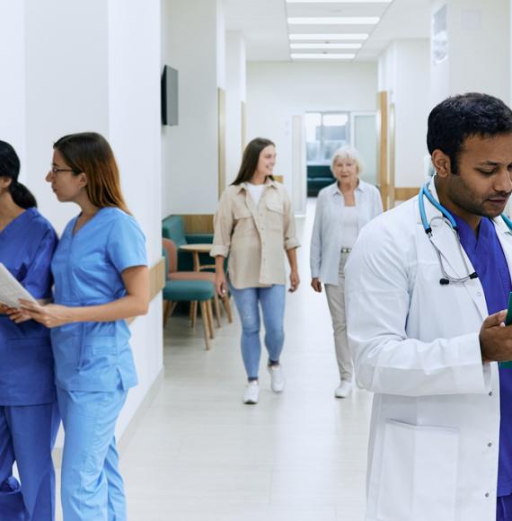 Hospital corridor with clinicians 
