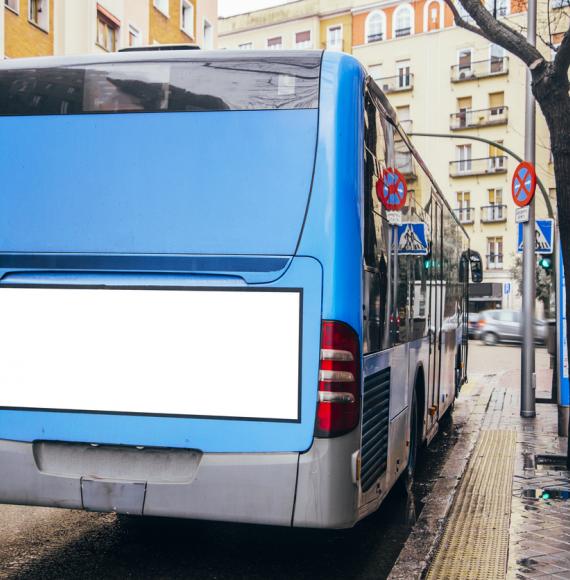 Rear-view shot of a blue bus