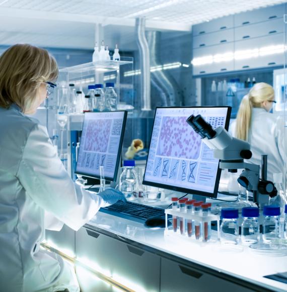 Female and Male Scientists Working on their Computers In A Big Modern Laboratory