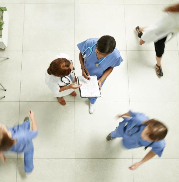 Overhead view of a busy hospital depicting the NHS Confederation's call for government funding