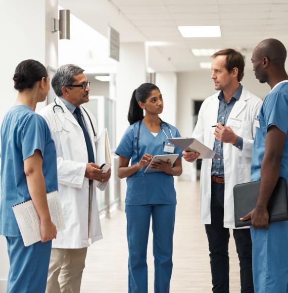 Group of healthcare professionals talking in a group depicting patient data sharing