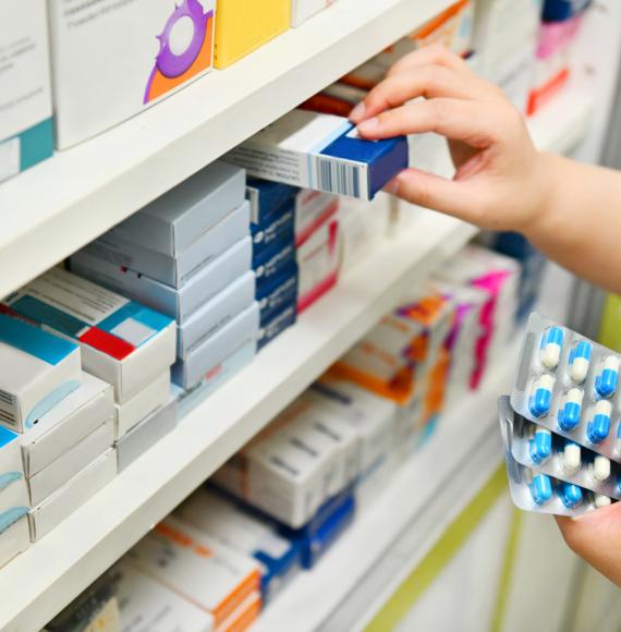 Pharmacy shelf depicting the new treatments advised on for NHS Scotland by the Scottish Medicines Consortium