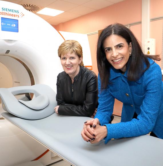 [from left to right] Bernie Owens - Deputy Chief Executive at Belfast Health and Social Care Trust and Ghada Trotabas - Managing Director at Siemens Healthineers Great Britain and Ireland with imaging system from Siemens Healthineers at Royal Victoria Hospital