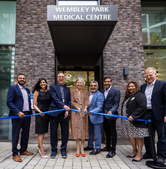 L-R: Dr Vishal Vala, GP Partner, Dr Ishani Patel, GP Partner, Councillor Neil Nerva, Dr Penny Dash, Cllr Muhammed Butt, Dr Sachin Patel, GP Partner, Mrs Arti Patel, Practice Manager, James Saunders, Quintain