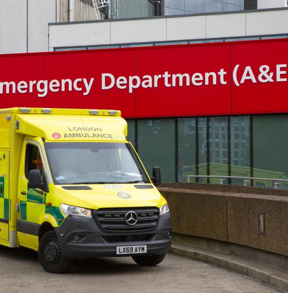 Ambulance parked up outside the Accident and Emergency department at St. Thomas Hospital in London, UK.