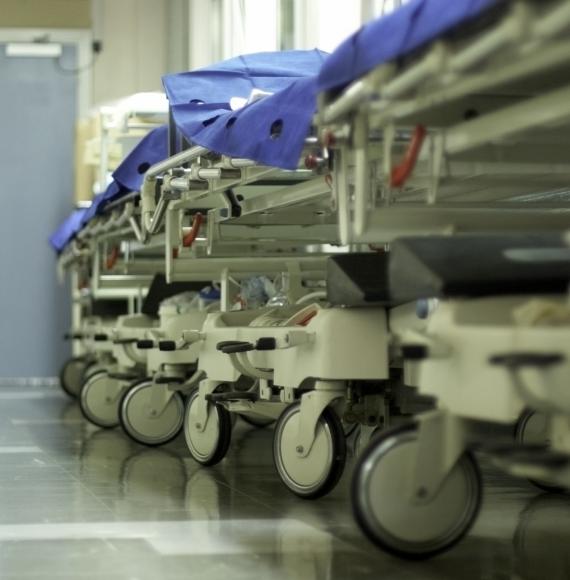 Hospital corridor with bed trolleys