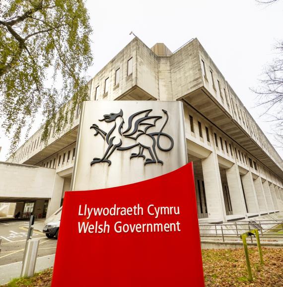 Sign outside the entrance to the Welsh Government