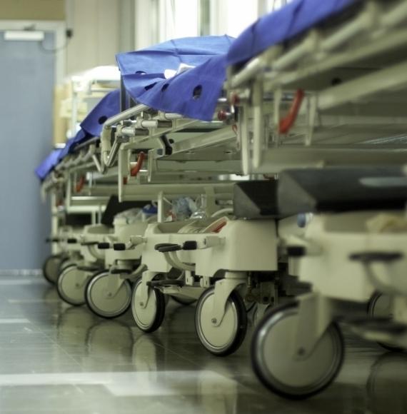 Beds in a hospital corridor