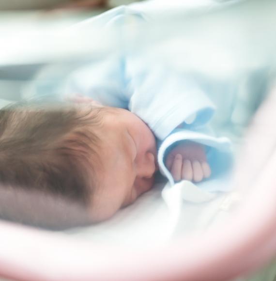 Newborn baby in hospital cot