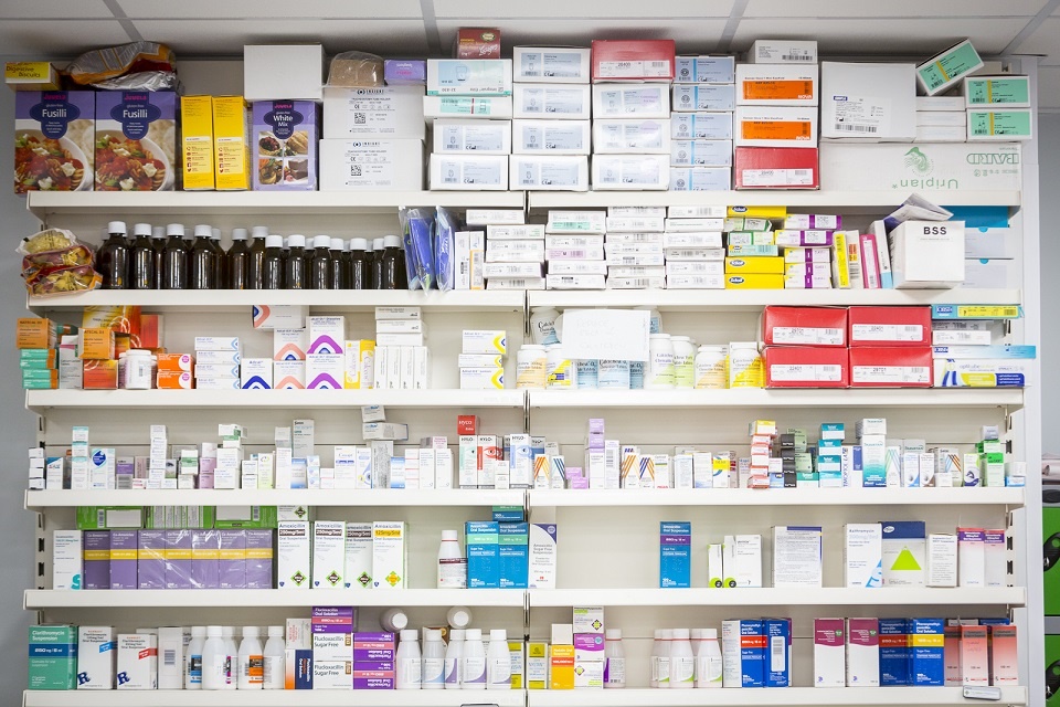 Prescription medication on pharmacy shelves